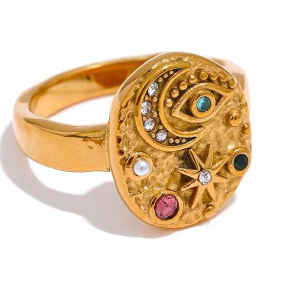 Gold Zircon Evil Eye Star Moon Ring Stainless Steel Gold Plated Bojo - Picture 2 of 6